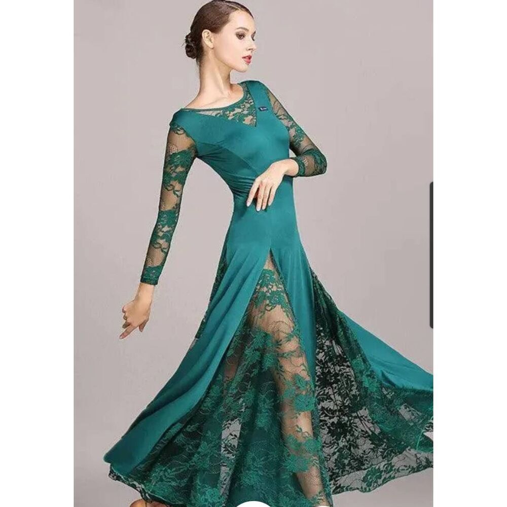 Long sleeve lace formal dress features lace inserts ..designed for Latin dancers